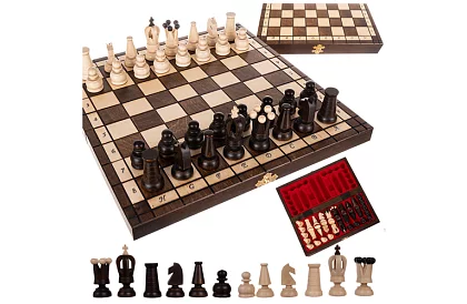 Fából készült sakk készlet – elegáns klasszikus bőröndben