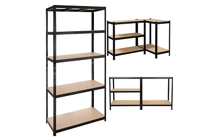 Raktári fekete polc – 5 polc, 220 × 100 × 45 cm
