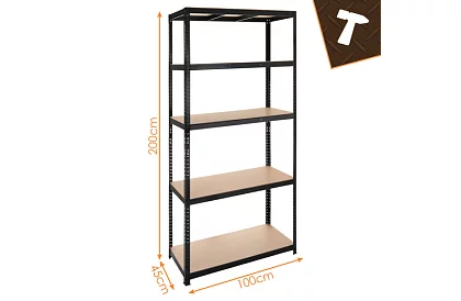 Raktári fekete polc – 5 polc, 220 × 100 × 45 cm