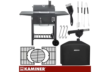 Kerti grill öntöttvas rácsos, fedéllel - faszénhez