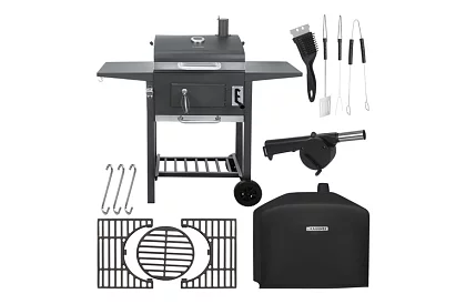 Kerti grill öntöttvas rácsos, fedéllel - faszénhez