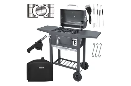 Kerti grill öntöttvas rácsos, fedéllel - faszénhez