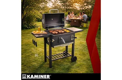 Kerti grill öntöttvas rácsos, fedéllel - faszénhez