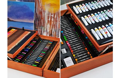 Művészeti készlet festéshez fából készült tokban – 177 darab