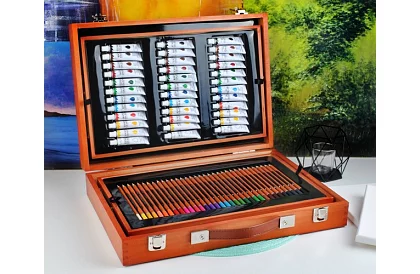 Művészeti készlet festéshez fából készült tokban – 177 darab