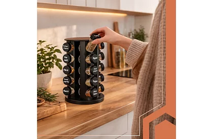 Forgatható fűszertartó állvány + 20 darabos fűszerdoboz készlet