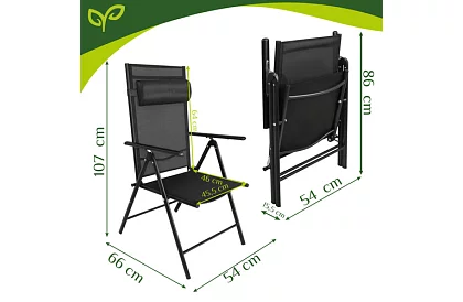 Összecsukható fekete kerti székek karfával és háttámlával – 2 darab
