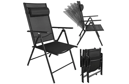 Összecsukható fekete kerti székek karfával és háttámlával – 2 darab
