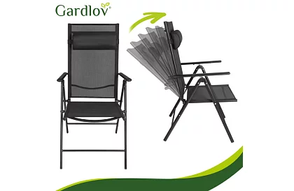 Összecsukható fekete kerti székek karfával és háttámlával – 2 darab