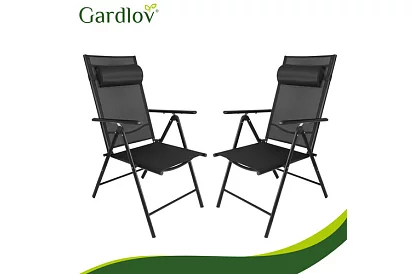 Összecsukható fekete kerti székek karfával és háttámlával – 2 darab