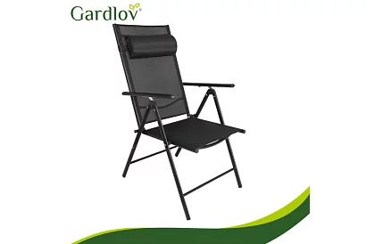 Összecsukható fekete kerti székek karfával és háttámlával – 2 darab