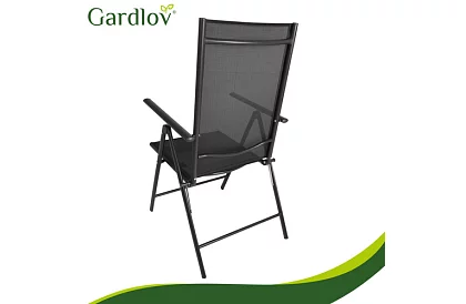 Összecsukható fekete kerti székek karfával és háttámlával – 2 darab