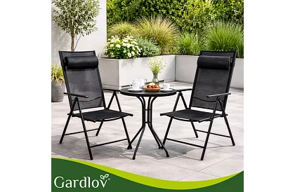 Összecsukható fekete kerti székek karfával és háttámlával – 2 darab