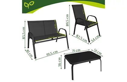 Kerti bútor kanapé, 2 fotel, asztal – fekete