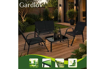 Kerti bútor kanapé, 2 fotel, asztal – fekete