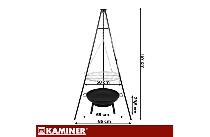 Kerti grill háromlábúval és függő rács 58 cm – kandalló tűzhely