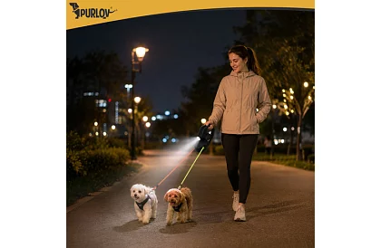 Automatikus dupla Flexi póráz lámpával 2 kuty számára – 2 × 3 m, LED világítás