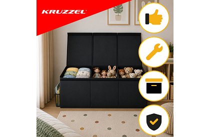 XXL játékos láda 132 l fedéllel, fekete szervező 94 cm