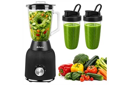 Üveg turmixgép 1200 W jégzúzással, üveg edénnyel és 2 hordozható palackkal