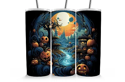 Utazási termoszivár 590 ml – Halloween táj tökök és folyó 05
