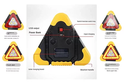 LED vészjelző háromszög lámpával, powerbankkal és napelemes töltéssel