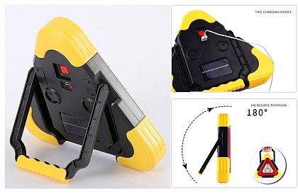 LED vészjelző háromszög lámpával, powerbankkal és napelemes töltéssel