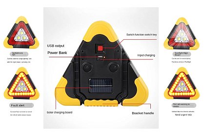 LED vészjelző háromszög lámpával, powerbankkal és napelemes töltéssel