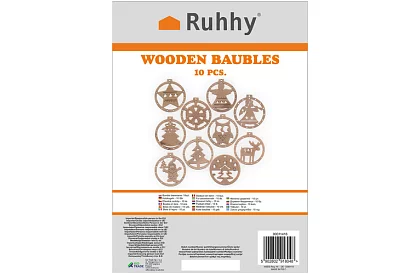 Fából készült karácsonyi díszek – 10 darabos szett zsinórral