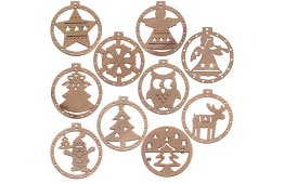 Fából készült karácsonyi díszek – 10 darabos szett zsinórral