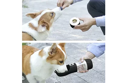 Utazási vízpalack kutyáknak, jutalom tálkával