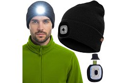 Kétrétegű téli sapka LED lámpával - fekete